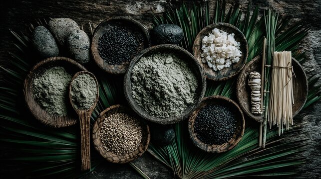 Flat-lay on dark gray slate: black mustard seeds in wooden bowl top right, scattered wild chives, rustic spoon of fresh cumin powder, silver-wood dual backdrop, perfect for recipe cover or spice shop 