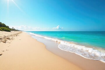 Fototapeta premium Endless horizon of pristine sandy beach, tranquil ocean waves gently lapping the shore under a clear blue sky Perfect for travel, vacation, and summer themes , sunlight, beach