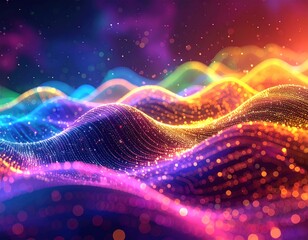 Abstract waves with shimmering particles in vibrant spectrum hues