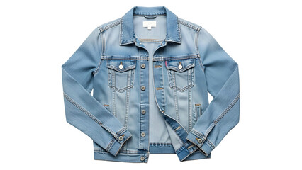 Light wash denim outerwear item displayed flat against a dark background