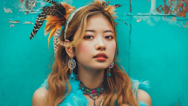 fashion portrait young Asian Japanese woman wearing boho feather earrings and headdress 