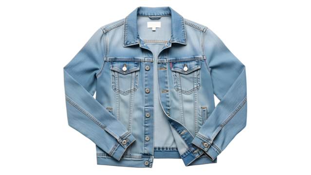 Light wash denim outerwear item displayed flat against a dark background
