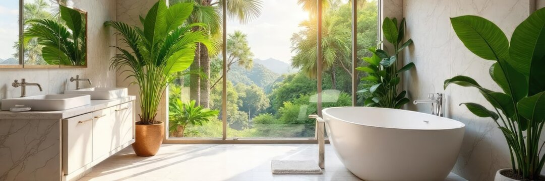 Indulge in tranquility A sun-drenched marble bathroom, featuring a freestanding tub and lush greenery, exudes ultimate serenity and refined luxury , foliage, bathroom - Powered by Adobe