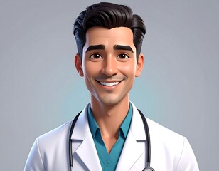 A friendly, animated depiction of a male medical professional, seen from the chest up, with a warm smile, stethoscope, and white lab coat
