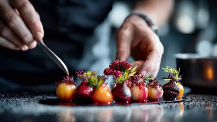 Chef plating gourmet food with precision focus