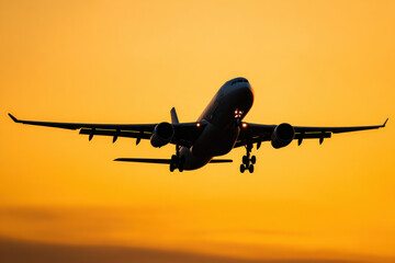 Fototapeta premium Airplane silhouette against golden evening sky