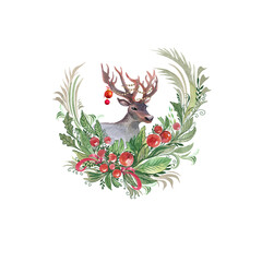 christmas greeting card with Christmas wreath holly berries and deer on white background