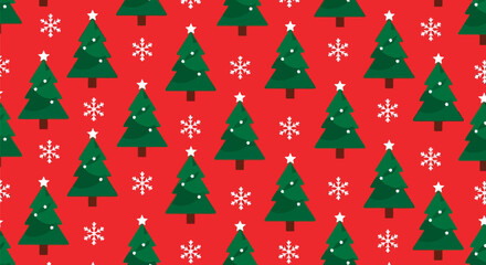 Seamless pattern of green christmas trees and snowflakes on red background