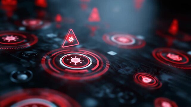 A glowing red computer virus symbol on a virtual digital screen with a futuristic background. The neon interface and high-tech atmosphere represent cybersecurity threats, hacking, and digital protecti