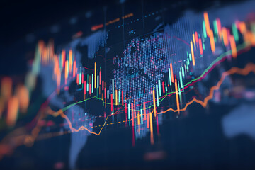 Technical price graph on map global and indicator red, green candlestick chart on blue theme screen, market volatility, up and down trend. Business growth. Stock trading, crypto currency background.