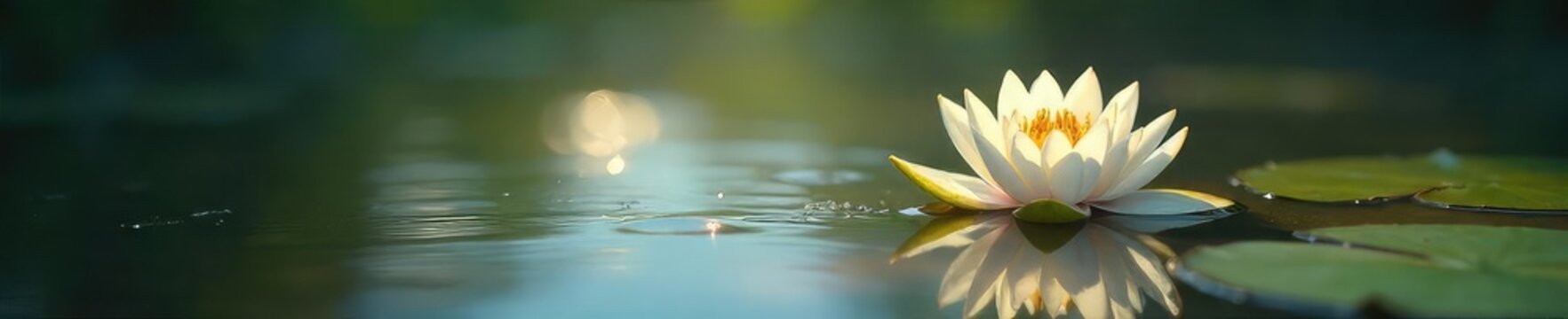 Fototapeta Serene single water lily blooming in a tranquil, sunlit pond  The gentle ripples reflect the clear sky  Perfect for nature, serenity, and peace themes ,  nature,  sky