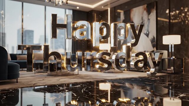 A luxurious interior scene, a shiny "Happy Thursday" is displayed, reflecting on the floor