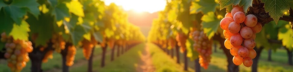 Sun-drenched grapes hang heavy on the vine, ready for harvest in a picturesque vineyard Golden sunlight illuminates the ripening fruit, promising a rich and flavorful vintage , natural, winery