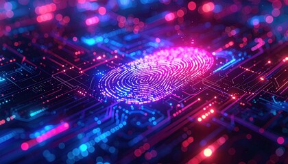 Digitized fingerprint illuminated on a glowing circuit board