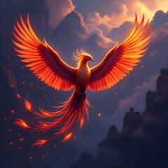 Obraz premium Radiant Fire Bird Flying Gracefully Over Mountain Peaks at Sunrise