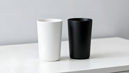 A clean, minimalist photograph showcasing two identical, tall, cylindrical tumblers placed side-by-side on a white table surface.
