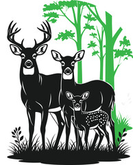 Elegant deer family silhouette with a buck, doe, and fawn in a forest setting. Perfect for nature lovers and wildlife enthusiasts.
