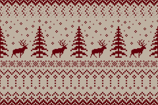 Fototapeta Christmas and New Year.  Christmas seamless ethnic pattern. Christmas ethnic pixel pattern with Nordic flowers, reindeers, pine trees, baubles, bell, present for winter hats, ugly sweaters and jumper.