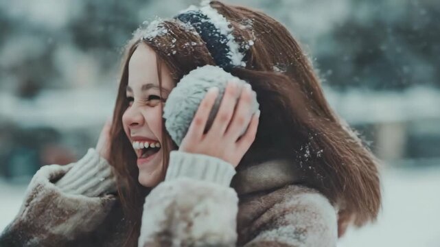 happy girl smiling at outdoor winter snow fall with her ear muffs