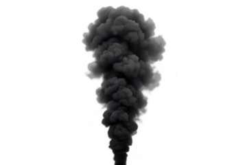 Black smoke plume rising, visualizing pollution, explosion, smog effect, fire, and industrial emissions on transparent background