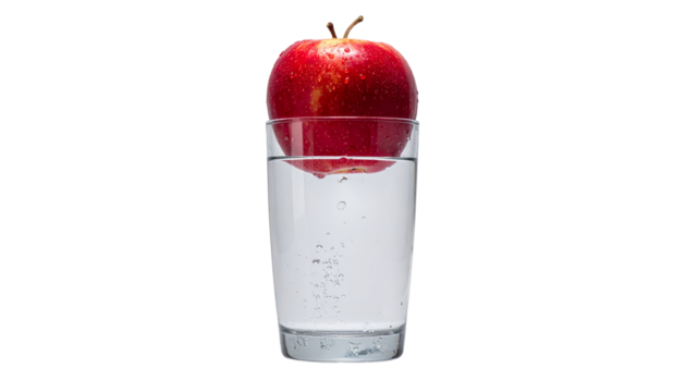 Fresh red apple with water droplets in glass isolated on transparent background