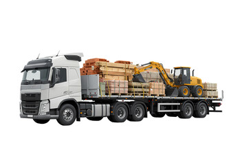 Truck hauls building materials and excavator machine