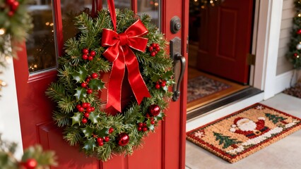 A Christmas wreath with pine branches, red ribbons, and holly berries, hanging on the front door. The door is decorated with a seasonal mat and a festive doormat, welcoming holiday guests.