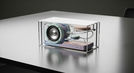 Transparent Portable Speaker on Minimal Desk with Soft Ambient Light