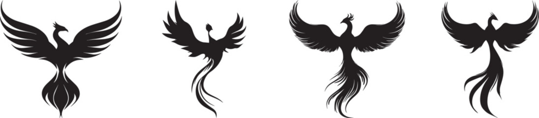 Silhouette of rising phoenix bird with wide wings on white background symbolizing rebirth, power, transformation, freedom, immortality, and strength in mythical creature and fantasy art concept