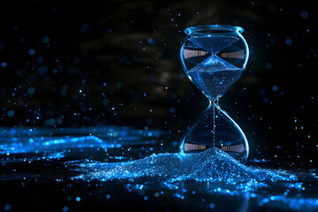 Hourglass Filled with Sparkling Blue Sand on a Black Background