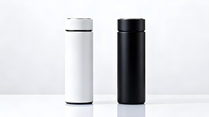 A clean, professional photograph showcasing two tall, sleek, insulated water bottles with silver metallic caps, standing side-by-side on a white office desk.