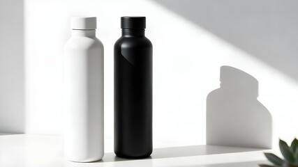 A clean, professional photograph showcasing two tall, sleek, insulated water bottles with silver metallic caps, standing side-by-side on a white office desk.