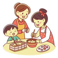Happy Family Making Dumplings Together. Perfect for: Chinese New Year posters, family food traditions, cooking class visuals