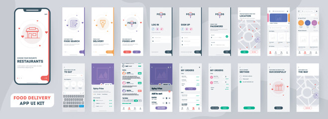 Food delivery mobile app ui kit including sign up, food menu, booking and home service type review screens.