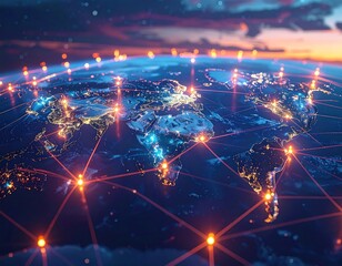 Earth at night with a network of orange connecting lines