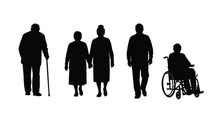 Silhouettes of elderly people walking some with mobility aids shown