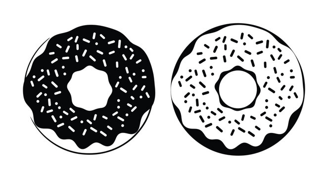 Two simple black and white donut illustrations with colorful sprinkles