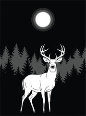 Majestic white deer stands under a full moon in a dark forest. A striking minimalist design for nature lovers and wildlife art enthusiasts.