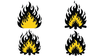 Four stylized fire flame graphics in black and yellow colors