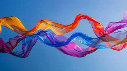 Colorful Silk Fabric Flowing Gracefully Against a Clear Blue Sky Beautiful Backdrop