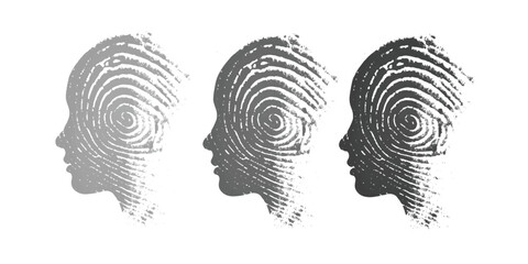 Three profile heads formed by fingerprint patterns representing identity and individuality isolated on white background