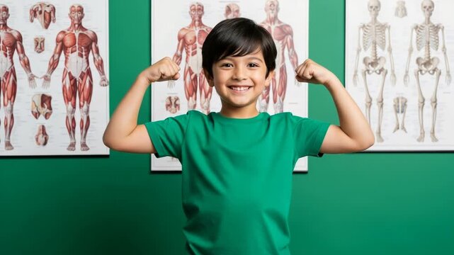 Happy little boy flexing muscles in front of anatomy posters smiling