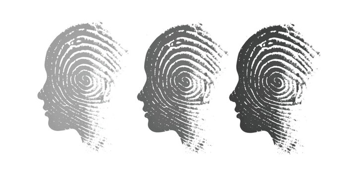 Three profile heads formed by fingerprint patterns representing identity and individuality isolated on white background