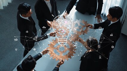 A dynamic business scene depicting a diverse team collaborating around gears and a lightbulb, symbolizing innovation, creativity, and teamwork in a modern office setting. Raster