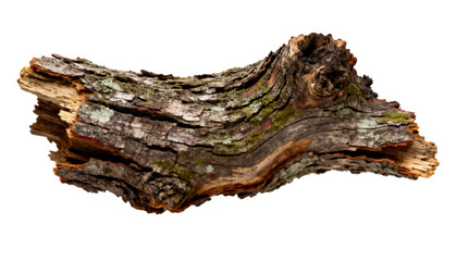 Rough textured fragment of weathered tree branch, intricate bark details, visible wood grain, patches of green moss and pale lichen, isolated on transparent background for natural design elements, org