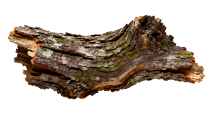 Rough textured fragment of weathered tree branch, intricate bark details, visible wood grain, patches of green moss and pale lichen, isolated on transparent background for natural design elements, org