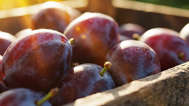Close up of fresh wet plum fruit in old wooden box on sunny day, seasonal farming harvest footage