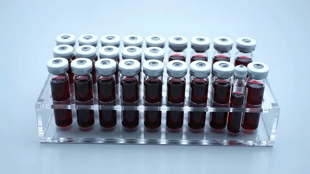 Close Up of Blood Samples in Glass Vials with White Caps on a Transparent Rack for Scientific Medical Research and Laboratory Testing with Neutral Background and Clinical Setting
