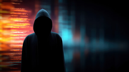 Hacker silhouette stands against backdrop of glowing code, evoking sense of mystery and intrigue in digital world