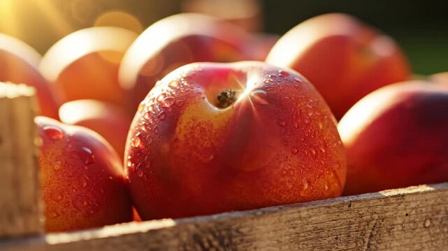 Fresh nectarine fruit getting water on sunny morning, delicious red peach in wooden crate slow motion footage